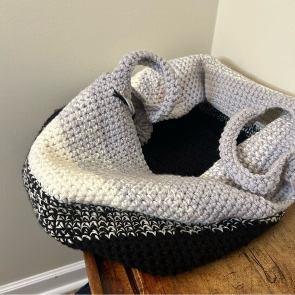 Large Homemade Hand Knit Soft Tote Basket Toy Storage Black Cream Gray Crochet